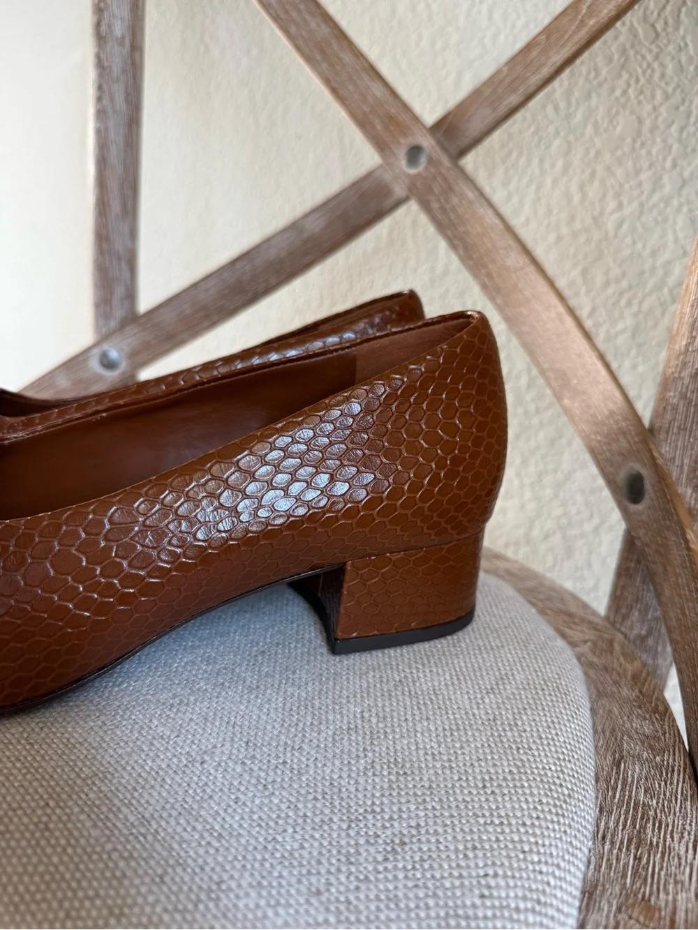 Reformation Inez Square-Toe Pumps cognac snake